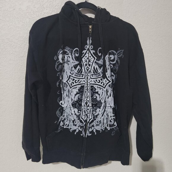 Social Collision Hoodie Mens Medium Black Zip Cross Graphic Sweatshirt Gothic - Picture 1 of 9
